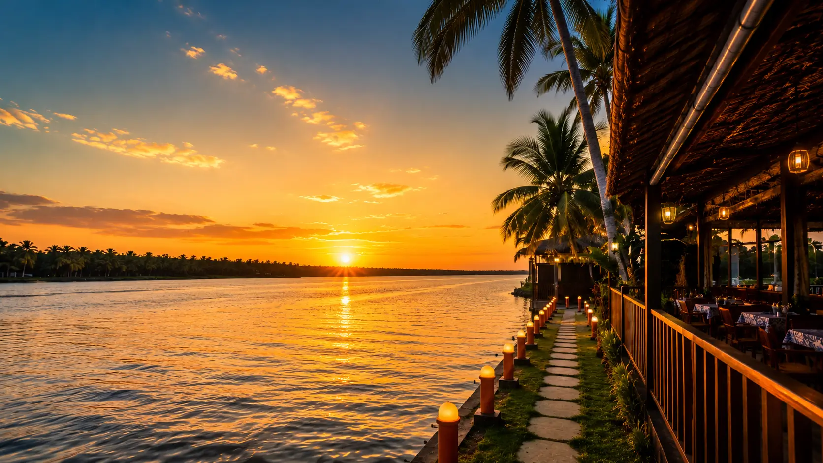 Speedboat approaching the Lagoon by Shore jetty at sunset